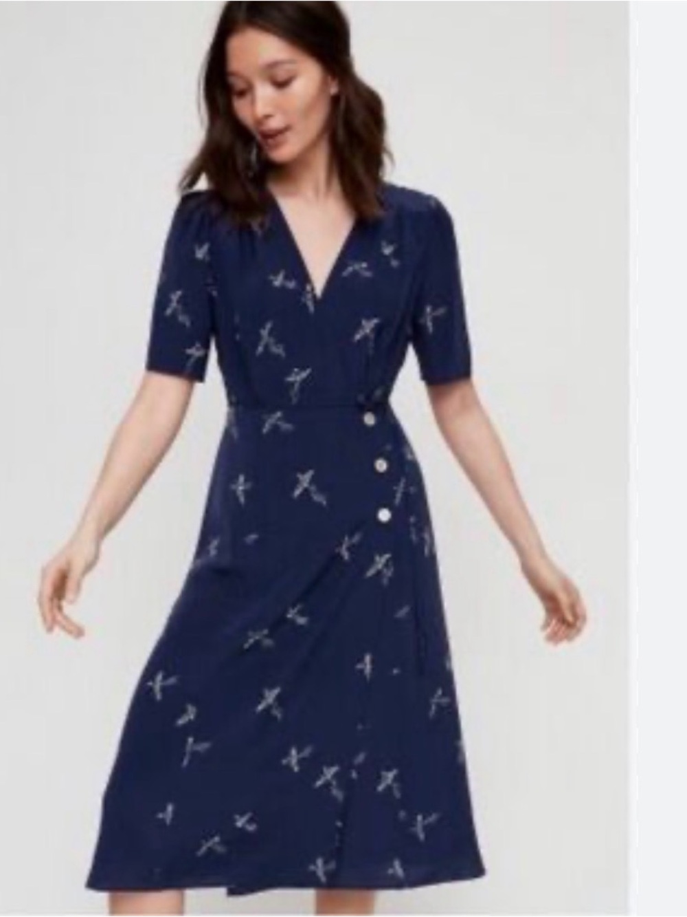 Wilfred Mirabelle Navy Midi Wrap Dress with Bird Print Vintage-Inspired